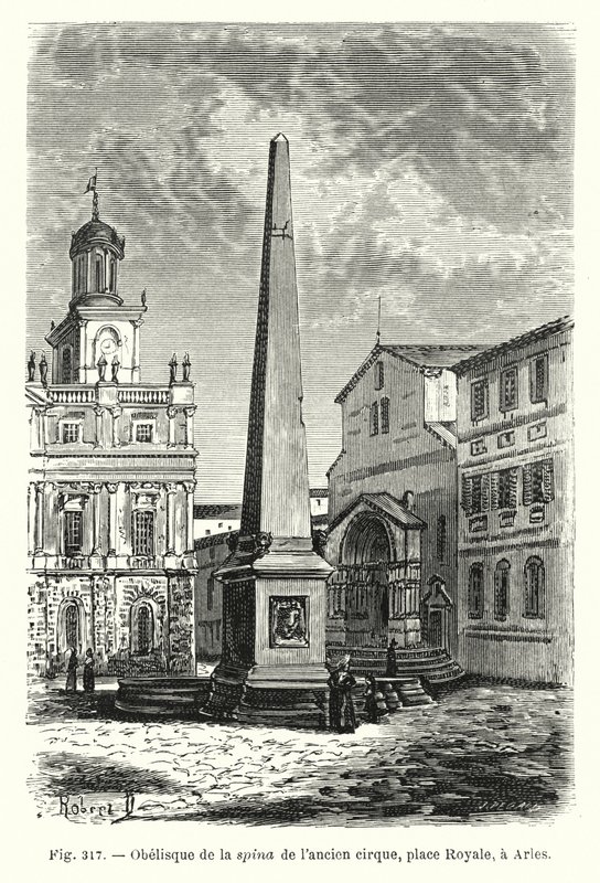 Obelisk av den gamla cirkusens ryggrad, Place Royale, i Arles (gravyr) av French School