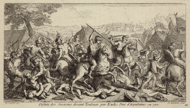 Odo, hertig av Aquitaine, besegrar umayyaderna i slaget vid Toulouse, 721 (gravyr) av French School