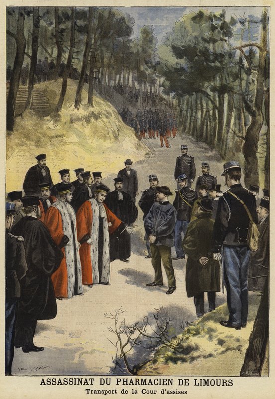 Rättstjänstemän som besökte platsen för mordet på Kauffmann, en apotekare från Limours, nära Royat, Frankrike, 1897 av French School