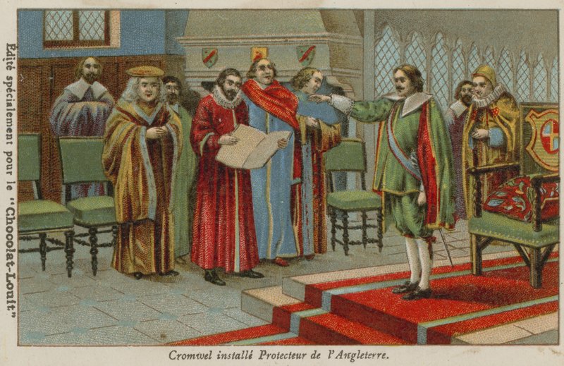 Oliver Cromwell svor in som Lord Protector av England, Skottland och Irland, 1653 av French School
