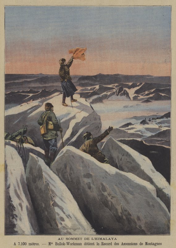 På ett toppmöte i Himalaya (färg litho) av French School