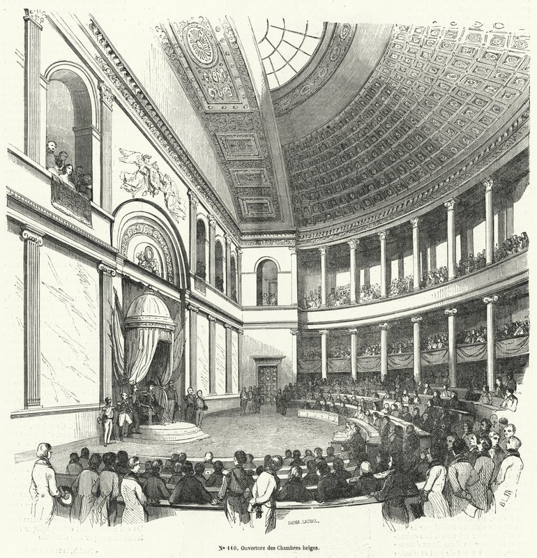 Öppnande av representantkammaren, underhuset i det belgiska parlamentet (gravyr) av French School