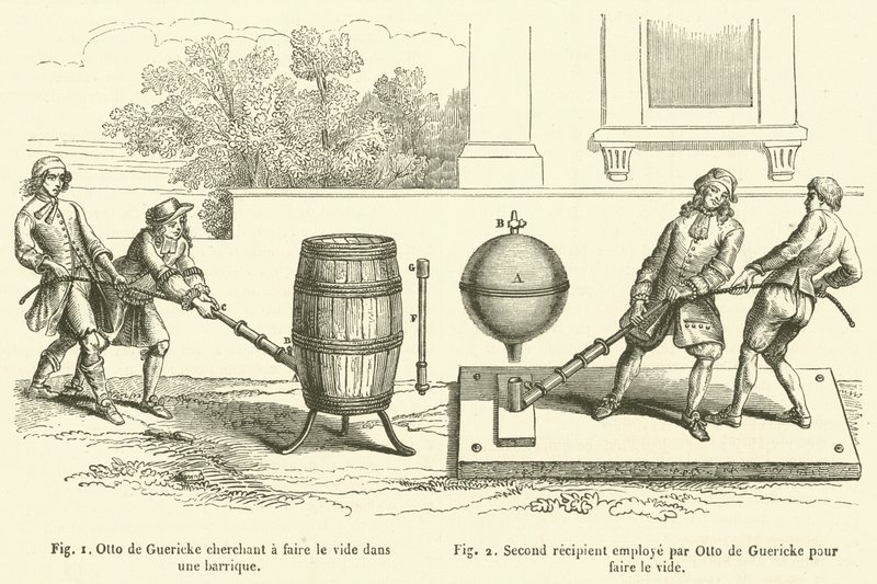 Otto de Guericke försöker skapa ett vakuum i en tunna, andra mottagaren anställd av Otto de Guericke för att skapa ett vakuum (gravyr) av French School