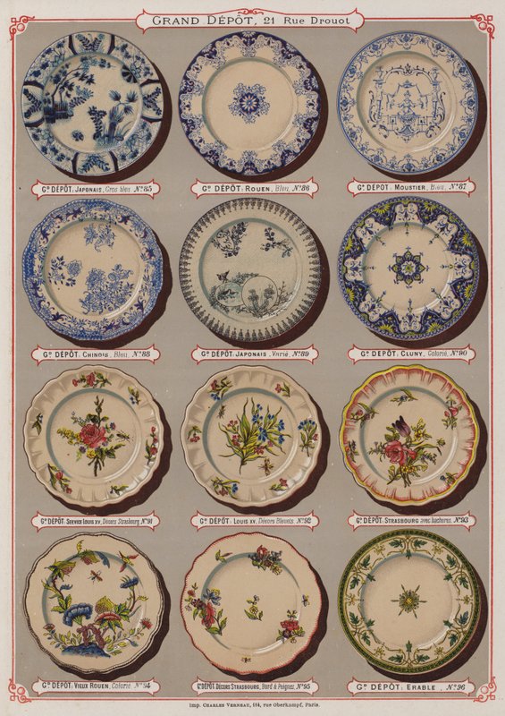 Sida från katalogen för Grand Depot de Porcelaines, Faiences et Verreries (färg litho) av French School