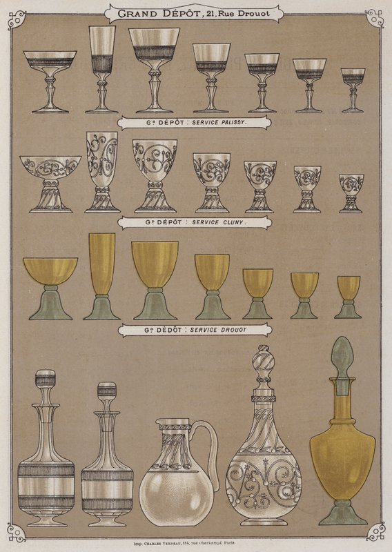 Sida från katalogen för Grand Depot de Porcelaines, Faiences et Verreries (färg litho) av French School