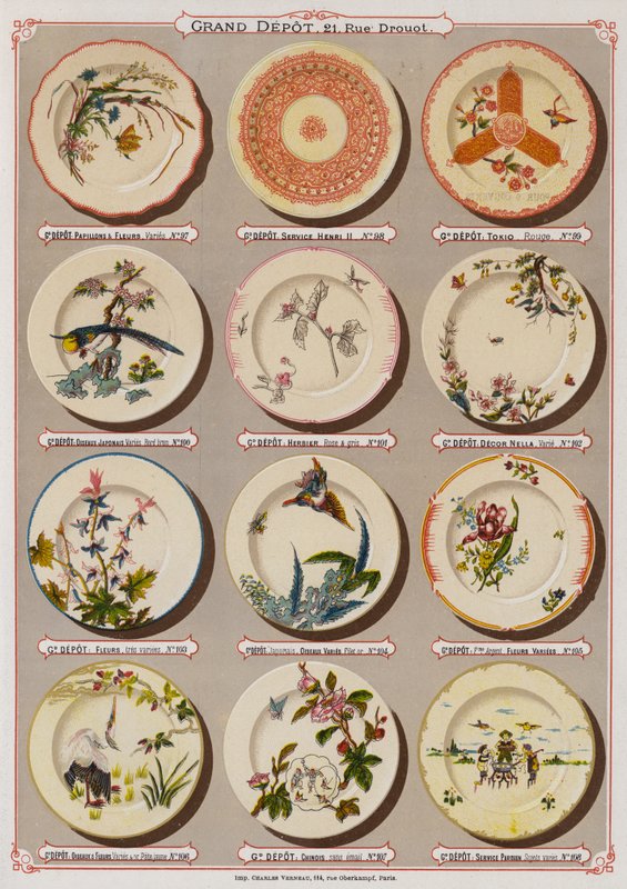 Sida från katalogen för Grand Depot de Porcelaines, Faiences et Verreries (färg litho) av French School