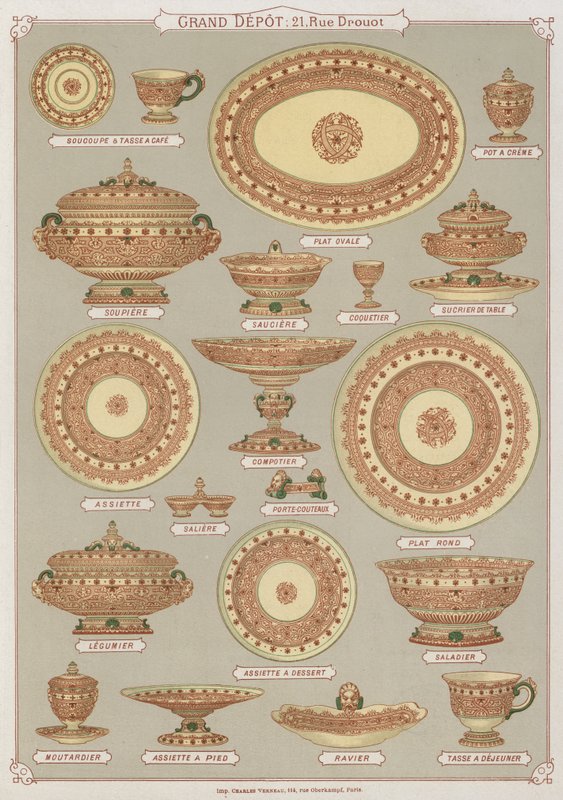 Sida från katalogen för Grand Depot de Porcelaines, Faiences et Verreries (färg litho) av French School