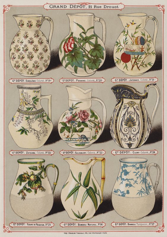 Sida från katalogen för Grand Depot de Porcelaines, Faiences et Verreries (färg litho) av French School