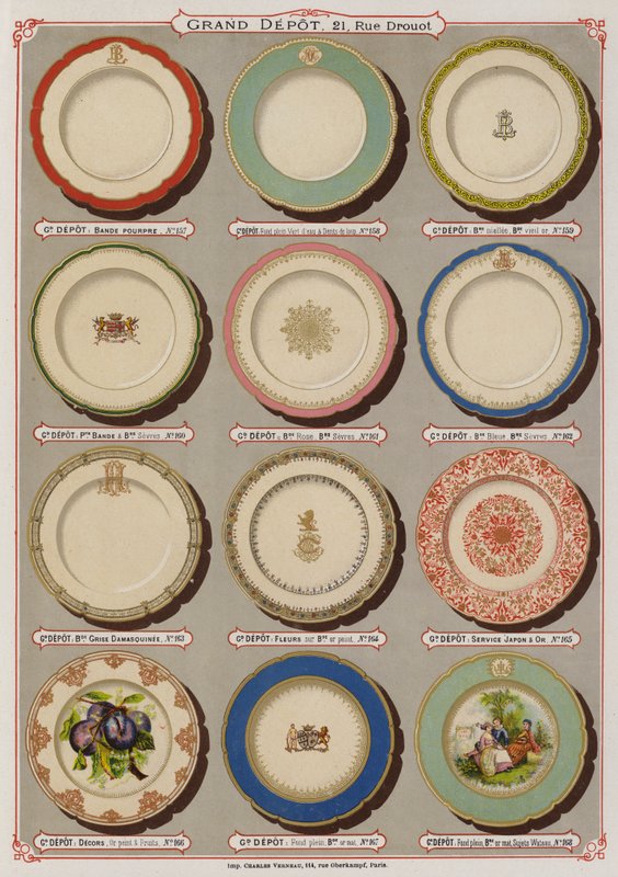 Sida från katalogen för Grand Depot de Porcelaines, Faiences et Verreries (färg litho) av French School