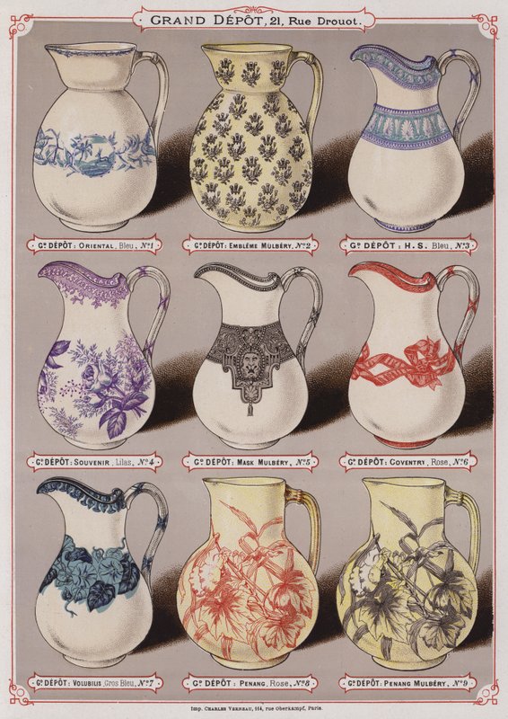 Sida från katalogen för Grand Depot de Porcelaines, Faiences et Verreries (färg litho) av French School