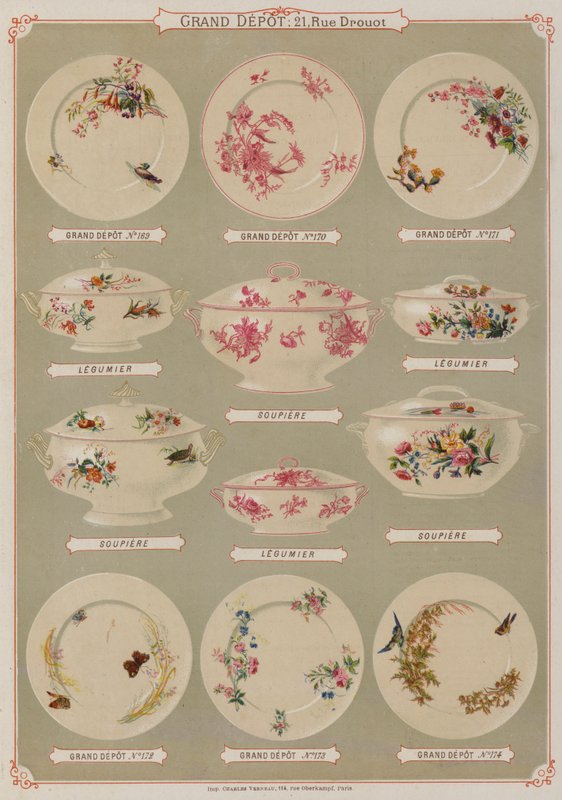 Sida från katalogen för Grand Depot de Porcelaines, Faiences et Verreries (färg litho) av French School