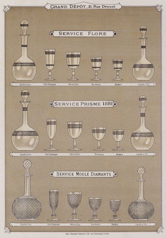 Sida från katalogen för Grand Depot de Porcelaines, Faiences et Verreries (färg litho) av French School
