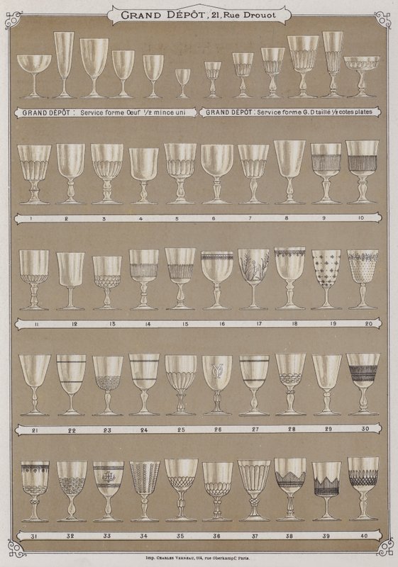 Sida från katalogen för Grand Depot de Porcelaines, Faiences et Verreries (färg litho) av French School
