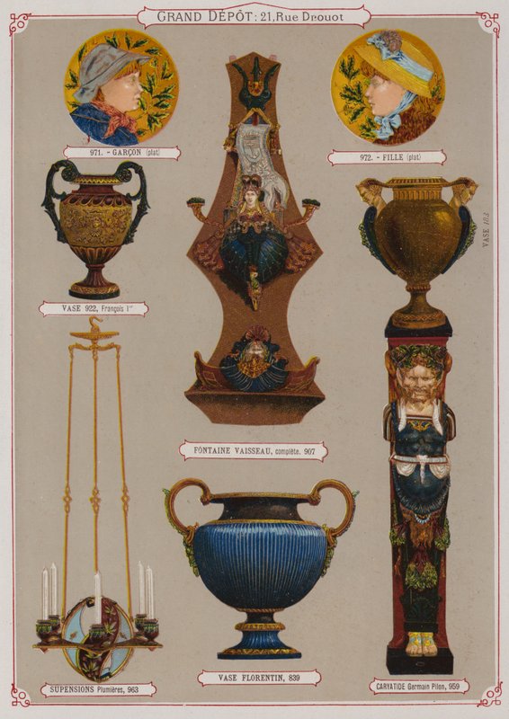 Sida från katalogen för Grand Depot de Porcelaines, Faiences et Verreries (färg litho) av French School