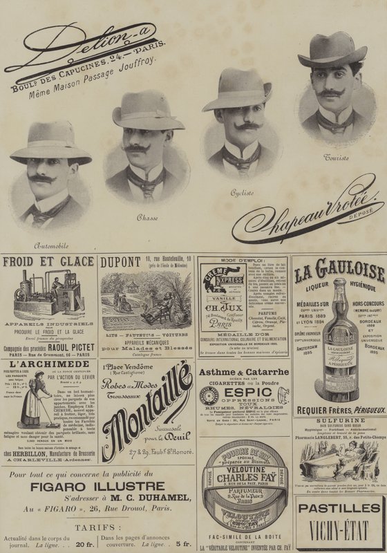 Sida med annonser från Le Figaro Illustre, december 1897 (foton) av French School