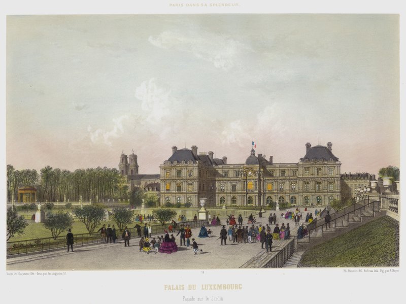 Luxemburgs palats, fasad på trädgården (färg litho) av French School