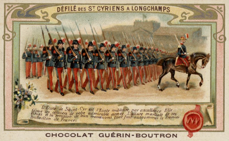 Parad av kadetter från Military School of Saint-Cyr i Longchamps, Frankrike (chromolitho) av French School