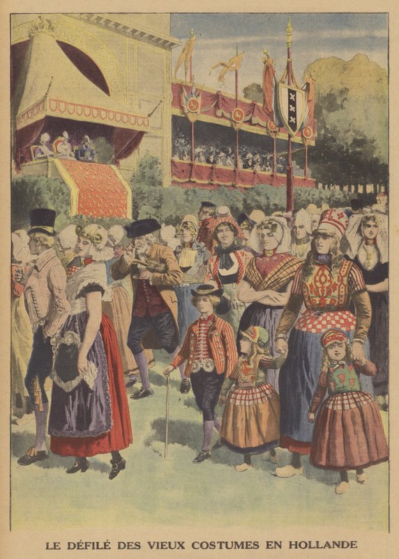 Parad av traditionella dräkter i Nederländerna (färg litho) av French School