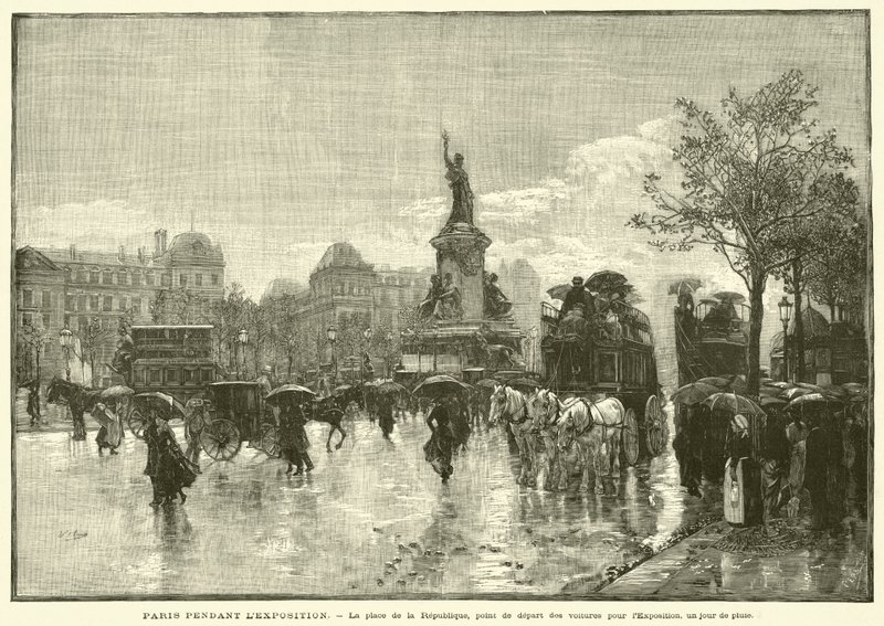 Paris under utställningen, Place de la Republique, utgångspunkt för bilarna för utställningen, en regnig dag (gravyr) av French School