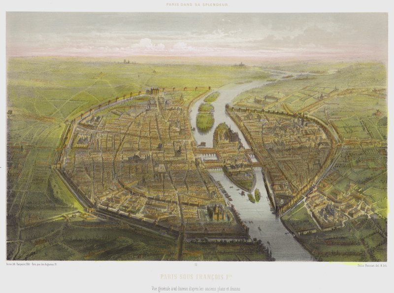 Paris Under Francois 1st, Allmän vy från ett fågelperspektiv från gamla planer och ritningar (färg litho) av French School