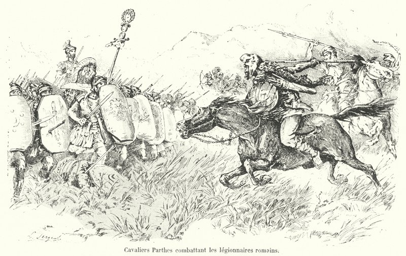 Parthiskt kavalleri attackerar romerska legionärer (gravyr) av French School