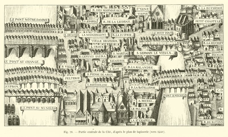 Centrala delen av Cite, enligt gobelängplanen, cirka 1540 av French School