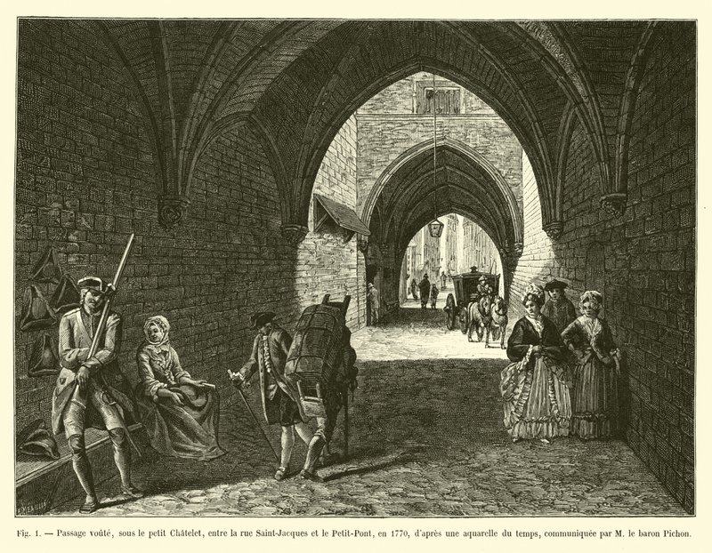 Välvd passage, under Petit Chatelet, mellan Rue Saint-Jacques och Petit-Pont, 1770, efter en dåtidens akvarell, meddelad av M le Baron Pichon av French School