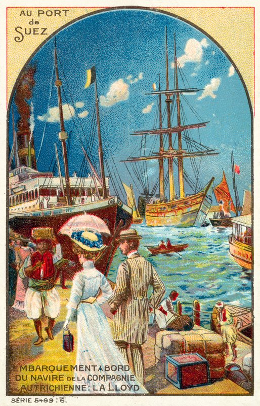 Passagerare som går ombord på ett fartyg av den österrikiska Lloyd-linjen i hamnen i Suez, Egypten (chromolitho) av French School