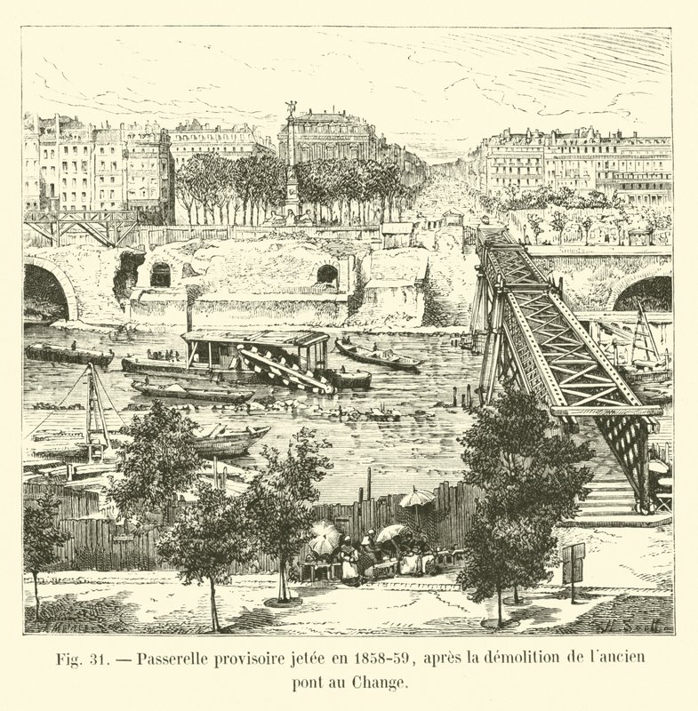 Provisorisk gångbro kastades 1858-59, efter rivningen av den gamla Pont au Change av French School