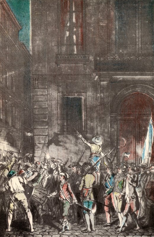 Patruller gjorda av folket i Paris under franska revolutionen (färgad gravyr) av French School
