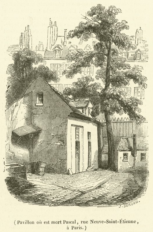 Paviljong där Pascal dog, rue Neuve-Saint-Etienne, i Paris (gravyr) av French School