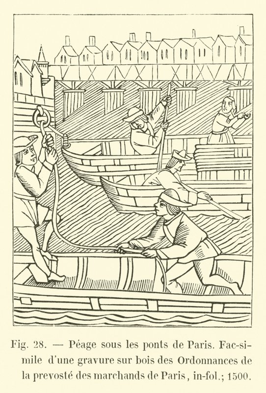 Peage sous les ponts de Paris, Faksimil av en trägravering av Ordinances of the prevoste av Paris köpmän, in-fol; 1500 av French School