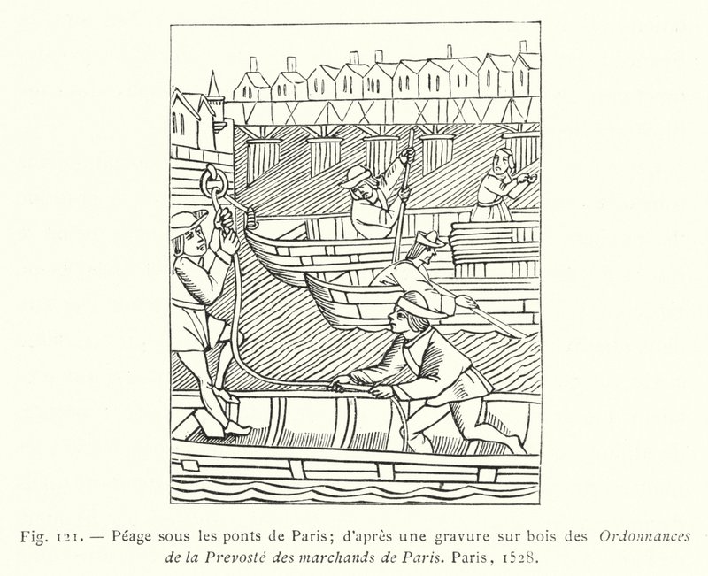 Peage under Paris broar; efter ett träsnitt från Order of the Prevoste des Marchands de Paris, Paris av French School