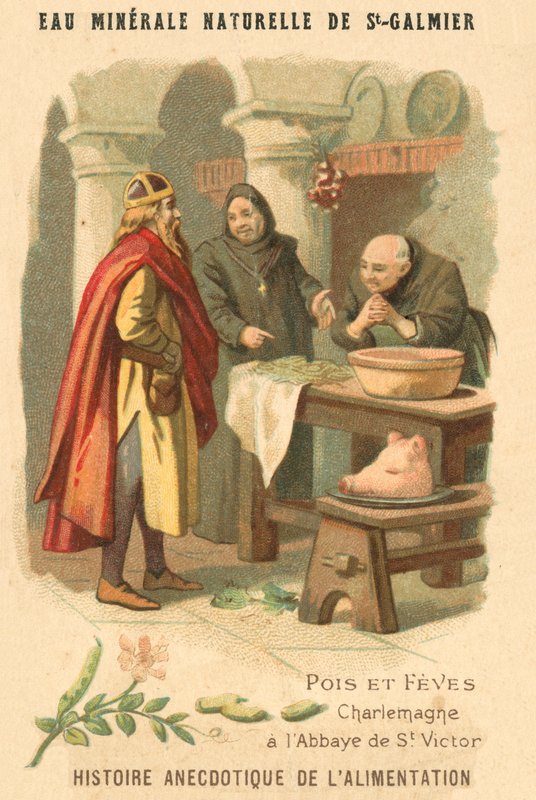 Ärter och bönor: Karl den Store vid St Victor-klostret (chromolitho) av French School