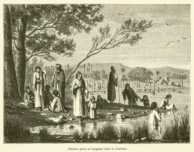 Grekiska pilgrimer som badar i Jordan (gravyr) av French School