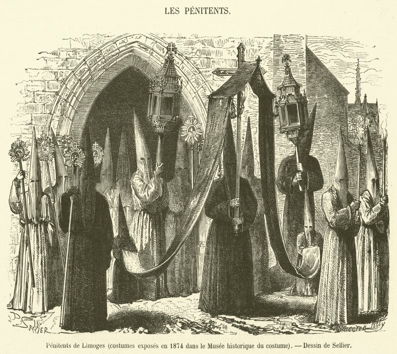 Penitents of Limoges, kostymer utställda 1874 i Historical Costume Museum (gravyr) av French School