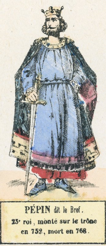 Pepin dit le Bref, 23:e kung, besteg tronen 752, dog 768 (färgad gravyr) av French School