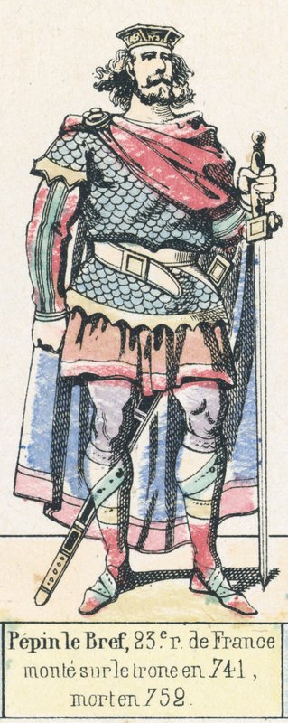 Pepin le Bref, Frankrikes 23:e kung, besteg tronen 741, dog 752 (färgad gravyr) av French School