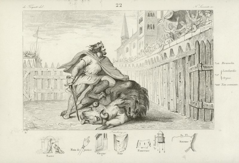 Pepin the Short dödar ett lejon och en tjur av French School