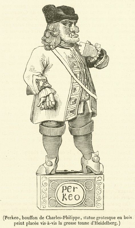 Perkeo, gycklare av Charles-Philippe, grotesk staty i målat trä placerad mitt emot det stora ton av Heidelberg (gravyr) av French School