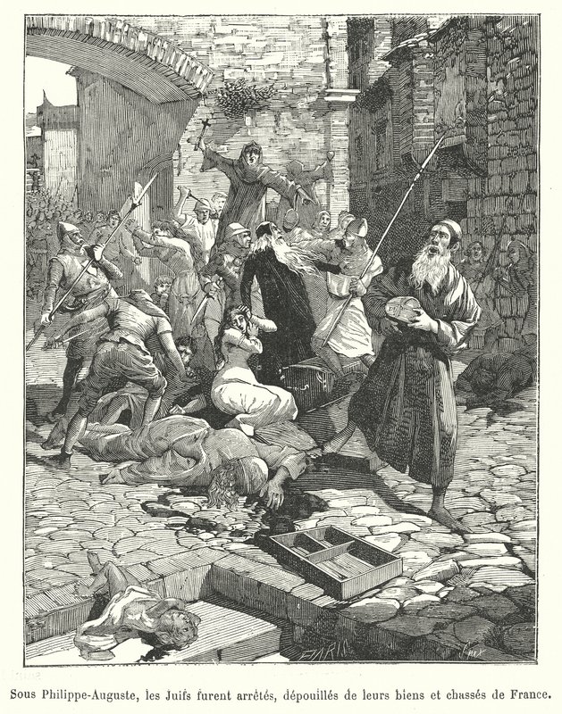 Förföljelse av franska judar under kung Philip Augustus regeringstid, sent 1100-tal (gravyr) av French School