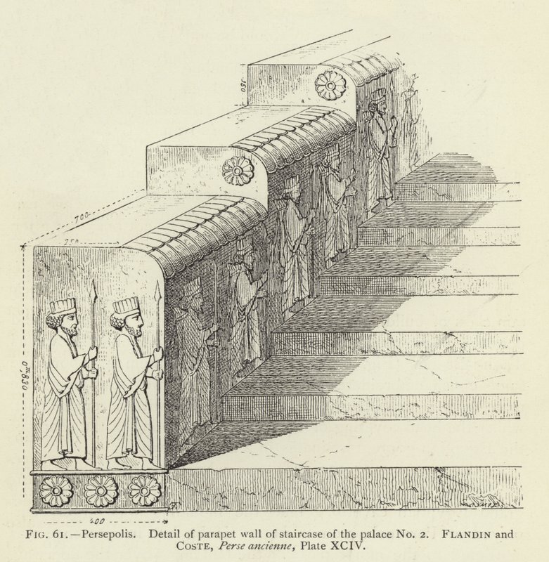 Persepolis, Detalj av bröstvärnets vägg av trappan till palatset nr 2 (gravyr) av French School