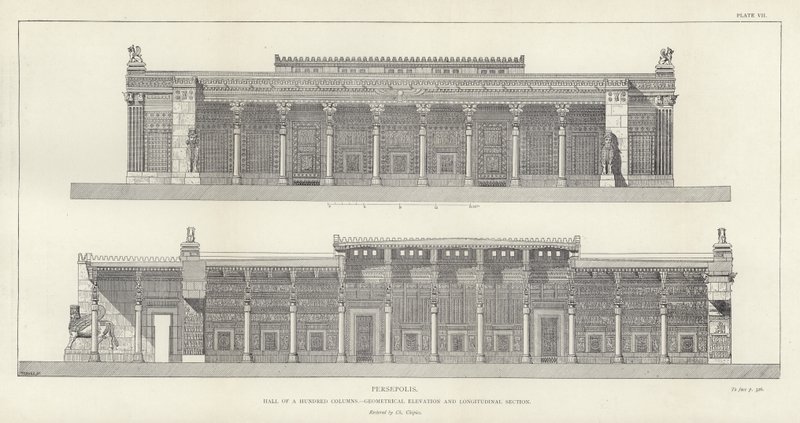 Persepolis, Hall of a Hundred Columns, geometrisk höjd och längsgående sektion, restaurerad av Ch Chipiez av French School