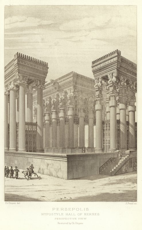 Persepolis, Hypostyle Hall of Xerxes, Perspektivvy, restaurerad av Ch Chipiez av French School