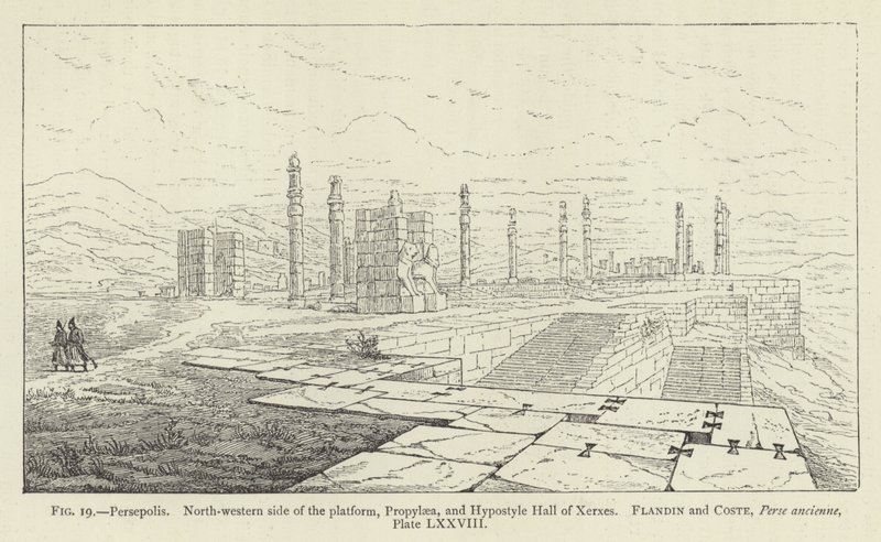 Persepolis, nordvästra sidan av plattformen, Propylaea och Hypostyle Hall of Xerxes av French School