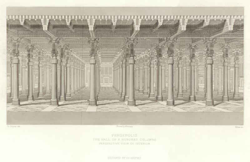 Persepolis, Hall of a Hundred Columns, Perspektivvy av interiören, restaurerad av Ch Chipiez av French School
