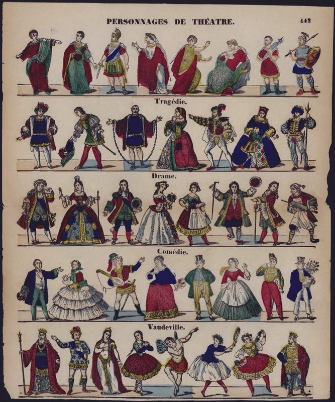 Personnages de theater (färgad gravyr) av French School