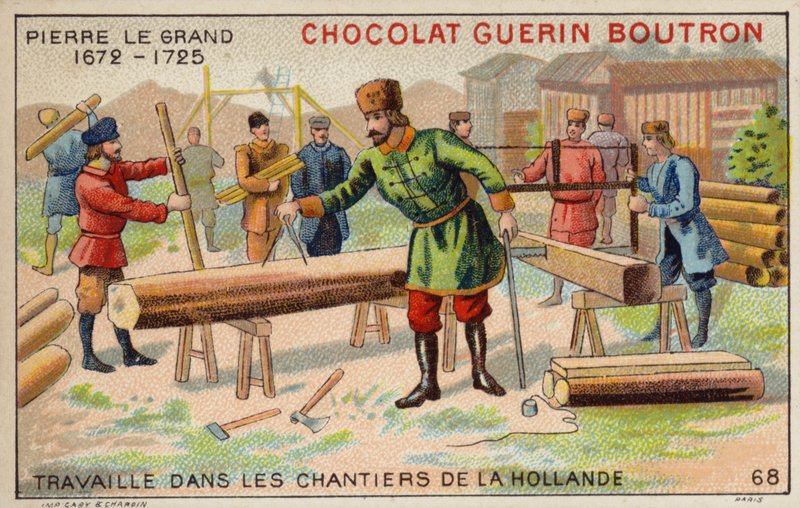 Peter den store arbetar på varven i Nederländerna (chromolitho) av French School