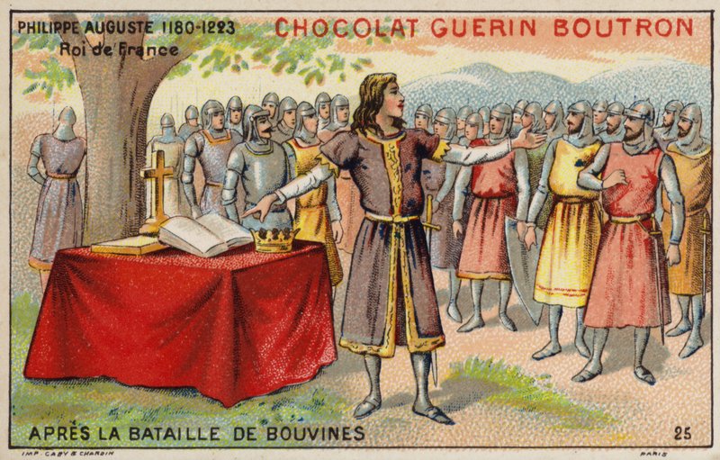 Philip Augustus, kung av Frankrike, efter slaget vid Bouvines (chromolitho) av French School