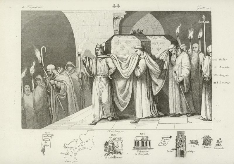Filip III av Frankrike hjälper till att bära sin fars, Ludvig IX:s kista av French School